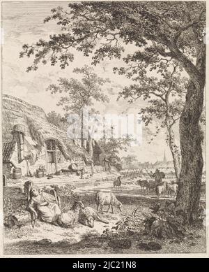 Shepherdess avec moutons devant la ferme paysages avec figures (titre de la série), imprimeur: Leendert Overbeek, Haarlem, 1791, papier, gravure, h 202 mm × l 162 mm Banque D'Images