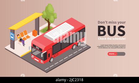 Bannière horizontale d'arrêt de transport public de ville isométrique avec curseur de texte modifiable bouton plus et illustration du vecteur d'arrêt de bus Illustration de Vecteur