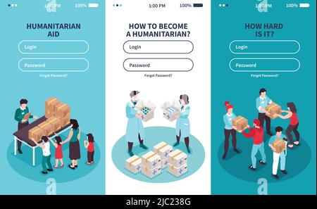 Icônes isométriques verticales avec formulaire de connexion et volontaires fournissant un soutien humanitaire 3D illustration vectorielle isolée Illustration de Vecteur