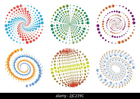 Ensemble de spirales, éléments de conception, motifs abstraits en pointillés. Tourbillon en spirale, points de torsion, vortex en demi-ton. Modèles vectoriels de rotation radiale circulaire Illustration de Vecteur