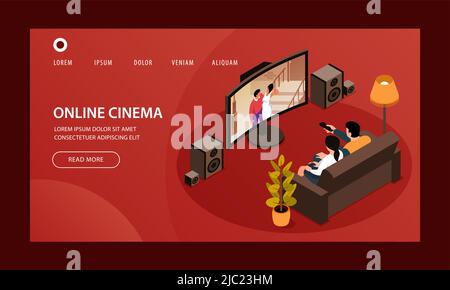 Page d'accueil de modèle de site web de cinéma en ligne isométrique avec liens cliquables et illustration vectorielle d'images de téléviseur Illustration de Vecteur