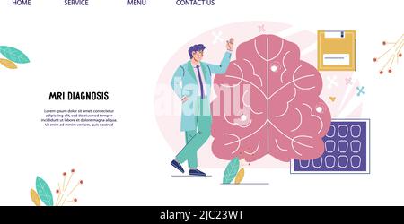 Bannière du site Web de la tomographie du cerveau et de l'examen IRM. Bannière ou interface de site Web du test d'examen diagnostique IRM. Neurologie et médecine du système nerveux, diseas du cerveau Illustration de Vecteur