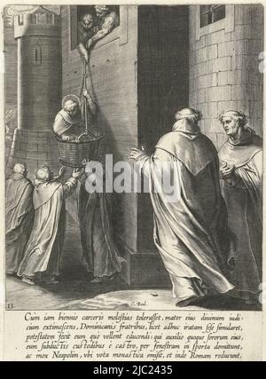 Avec l'aide de ses frères et sœurs, Thomas fuit de prison. Dans un panier, il est abaissé par la fenêtre sur une corde. Imprimé à partir d'une série de 30 imprimés illustrant l'histoire de la vie de Thomas d'Aquin. Les imprimés, conçus et publiés par Otto van Veen, ont été réalisés par C. Boel, E. van Paenderen, C. Galle et G. Swanenburgh, Thomas Fales de prison la vie de Saint Thomas Aquin (titre de la série), imprimeur: Cornelis Boel, (mentionné sur l'objet), dessinateur intermédiaire: Otto van Veen, éditeur: Otto van Veen, imprimeur: Pays-Bas du Sud, éditeur: Anvers, 1610, papier Banque D'Images