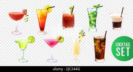 Décor réaliste avec dix cocktails alcoolisés dans des verres de différentes formes isolés sur une illustration vectorielle transparente Illustration de Vecteur