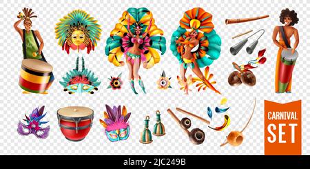 Brésil participants au carnaval instruments de musique masques icônes isolées sur fond transparent illustration réaliste de vecteur Illustration de Vecteur