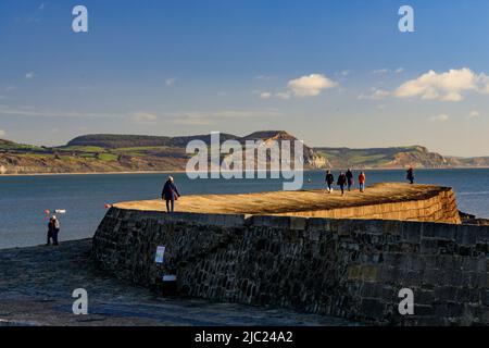 Le faible soleil d'hiver illumine le brise-lames Cobb et Golden Cap Beyond à Lyme Regis sur la côte jurassique, Dorset, Angleterre, Royaume-Uni Banque D'Images