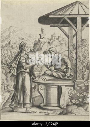 Christ est assis sur le bord d'un puits. La Samaritaine lui propose de boire de sa carafe à eau. L'arrière-plan montre un paysage montagneux avec des châteaux et des forteresses., Christ et la Samaritaine, imprimeur: Cornelis Bos, (mentionné sur l'objet), Neurenberg, (éventuellement), 1548, papier, gravure, h 280 mm × l 208 mm Banque D'Images