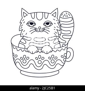 Joli chat de dessin animé dans une tasse. Illustration vectorielle noir et blanc. Illustration de Vecteur