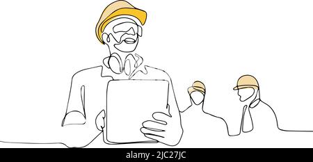 Dessin continu d'une ligne d'un ingénieur portant un uniforme et un casque de sécurité Illustration de Vecteur