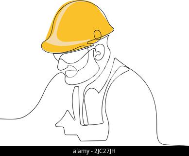 Dessin continu d'une ligne pour le technicien portant un uniforme et un casque de sécurité Illustration de Vecteur