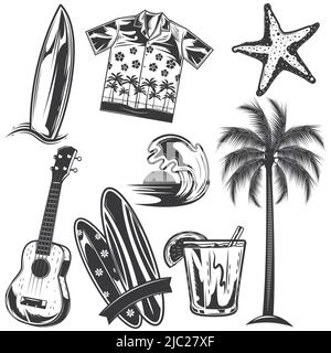 Ensemble d'éléments de surf pour créer vos propres badges, logos, étiquettes, affiches, etc. Isolé sur blanc. Illustration de Vecteur