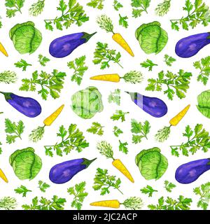 Motif de légumes aquarelle sans couture sur fond blanc. Motif de légumes vitaminés avec chou vert, aubergine, carotte et persil. Salade d'été. Banque D'Images