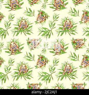 Motif de Pâques aquarelle avec lapin. Lapin avec un panier d'œufs. Panier en osier avec œufs. Lapin mignon de Pâques. Branche de saule avec feuilles. Banque D'Images
