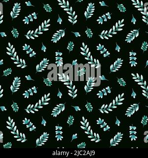 Motif aquarelle avec feuilles vertes sur fond sombre. Conception pour le tissu et l'impression sur papier. Motif sans couture avec différentes feuilles et branches Banque D'Images