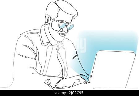 Homme d'affaires portant des lunettes avec un ordinateur portable Illustration de Vecteur