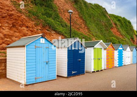 Cabanes de plage aux couleurs vives à Seaton, East Devon, Angleterre Banque D'Images