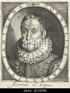 Portrait de Cornelis Jan Barents à l'âge de 40 ans, ovale avec inscription sur les bords. Sous le portrait, sa devise: Aeternitatis ad Scolum, Portrait de Cornelis Jan Barents à l'âge de 40 ans Cornelius Barentius Janigena (titre sur objet), imprimeur: Bartholomeus Willemsz. Dolendo, (mentionné sur l'objet), Leiden, in ou after 1588, papier, gravure, h 204 mm × l 148 mm Banque D'Images