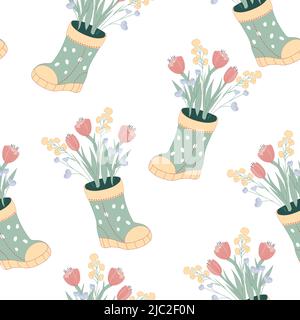 Motif sans couture avec bottes et fleurs, illustration vectorielle dessinée à la main isolée sur fond blanc. Motif décoratif sans fin pour l'été Illustration de Vecteur