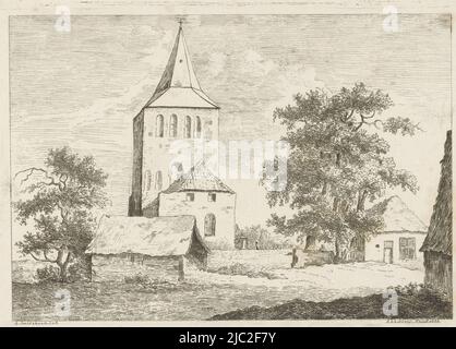 Église avec un clocher carré. De part et d'autre un arbre et des maisons de village., tour de l'église, imprimeur: Reinierus Albertus Ludovicus baron van Isendoorn à Blois, (mentionné sur l'objet), dessinateur intermédiaire: G. Hulseboom, (mentionné sur l'objet), Vaassen, 1828, papier, gravure, gravure, h 137 mm × l 193 mm Banque D'Images