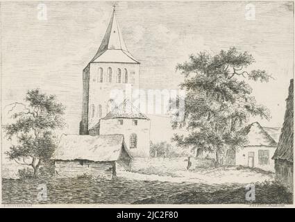 Église avec un clocher carré. De part et d'autre un arbre et des maisons de village., Tour de l'église, imprimeur: Reinierus Albertus Ludovicus baron van Isendoorn à Blois, (mentionné sur l'objet), dessinateur intermédiaire: G. Hulseboom, (mentionné sur l'objet), Vaassen, 1828, papier, gravure, gravure, h 137 mm × l 194 mm Banque D'Images