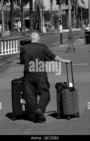 Un homme roule ses valises le long du trottoir d'Embarcadero en se promenant vers son bateau de croisière amarré à San Francisco, en Californie. Banque D'Images