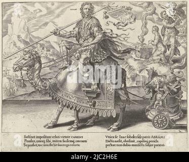 Au premier plan Isaac, équitation d'un dromadaire. Dans sa main droite une croix avec une bannière. Sur la bannière deux chaînes comme un signe de sa souffrance volontaire. Il tire une charrette avec les attributs de sa souffrance: Le bélier qui a été sacrifié à sa place, l'épée d'Abraham et le feu sacrificiel. En arrière-plan, le sacrifice d'Isaac. L'imprimé a un texte latin de six lignes sur un morceau de papier séparé et fait partie d'une série de huit parties sur le Triumph de la passion, le Triumph d'Isaac Triumph de la passion (titre de la série) Patientiae Trivmphvs (titre de la série), imprimeur: Dirck Volckertsz Banque D'Images