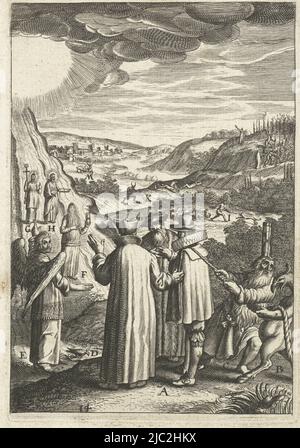 Un homme conseille à ses amis de vivre en vertu. Le diable et un homme méchant tirent une corde toujours plus épaisse qui représente la tentation d'une vie de péché que l'homme doit briser. Un ange pointe la bonne voie vers la vie éternelle. Le paysage comprend les paraboles du berger et de la sower, Emblem avec l'homme qui conseille à ses amis de vivre virtueusement Den wech des eeuwich levens (titre de la série), Boëtius Adamsz. Bolswert, imprimeur: Anonyme, éditeur: Hendrik Aertssens (II), Anvers, 1620 - 1623 et/ou 1623, papier, gravure, h 137 mm × l 93 mm Banque D'Images