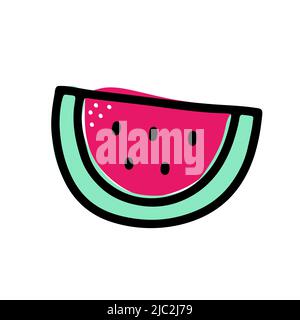 Coupe de pastèque isolée sur fond blanc. Dégustez des fruits frais. Repas d'été colorés et lumineux. Image Sweet Treat dessinée à la main. Rouge mignon, rose semicircu Illustration de Vecteur