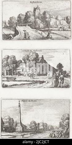 Feuille non coupée avec trois scènes. Ci-dessus: Vue sur huis Kostverloren près d'Amsterdam, à côté de laquelle se trouve une ferme basse. Au premier plan, un pêcheur et une femme, penchée sur sa canne, avec un chien. À droite, une figure est placée sur le bord de l'eau. Centre : vue d'un virage dans une route de campagne près d'Amstelveen. Au virage de la route se trouve une ferme, qu'un homme lourdement chargé passe à pied. Au premier plan un homme et une femme en conversation. Ci-dessous : vue du jalon à Sloten. À côté de l'étape un chariot de fermier et quelques maisons basses. Sur la droite, au bord de la route, deux figures parlent., huis Banque D'Images