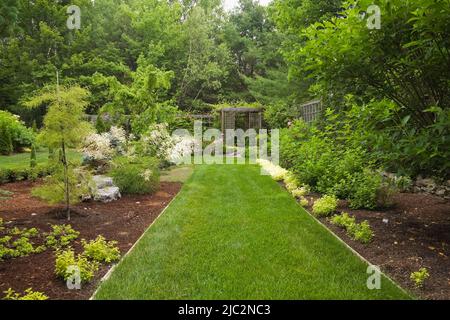 Chemin d'herbe menant à la pergola dans le jardin résidentiel paysagé de cour en été. Banque D'Images