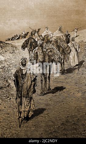 Une gravure anglaise d'une illustration de la fin du 19th siècle montrant des Arabes qui mènent une caravane de chameaux dans le désert Banque D'Images