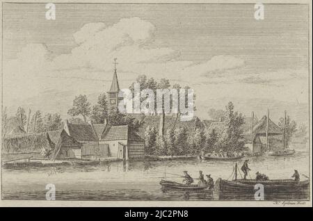 Vue de Nigtevecht le village Nigte-Vegt (titre sur objet), imprimerie: Hendrik Spilman, (mentionné sur objet), Haarlem, 1742 - 1784, papier, gravure, h 135 mm × l 190 mm Banque D'Images