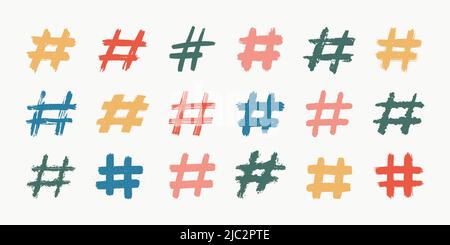 Hashtags, encre vectorielle icônes de tags peintes sur fond blanc.Illustration vectorielle dessinée à la main. Illustration de Vecteur