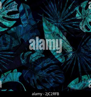 Nuit tropicale feuilles sans couture motif sur fond noir. Feuillage jungle vintage avec style gravure. Forêt tropicale abstraite. Texture exotique pour l'impression, Banque D'Images