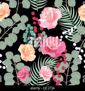 Motif sans couture avec roses et feuilles d'eucalyptus, fond vectoriel, plantes, conception botanique pour la mode, tissu, papier peint Illustration de Vecteur