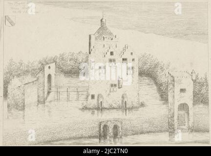 Vue sur Huize Matenes au 16th siècle. Au centre, le château est entouré d'une lande, avec le pont sur sa gauche. Au premier plan une tour carrée avec un portcullis. En haut à gauche un blason, Huize Matenes Huize Matenes au 16th siècle (titre sur objet)., imprimerie: Gaspard Louis François van Kinschot, (mentionné sur objet), 1821 - 1861, papier, gravure, h 115 mm × l 160 mm Banque D'Images