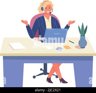 Femme dans un micro-casque travaillant sur un ordinateur portable. Chat vidéo professionnel isolé sur fond blanc Illustration de Vecteur