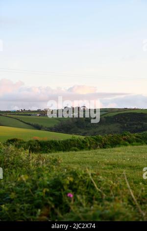 Pennant Farm avec Trelights Village et Trevathan Farm Shop en arrière-plan Port Issac Cornouailles Angleterre royaume-uni Banque D'Images