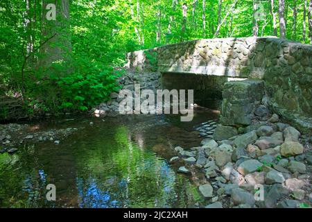 Petit pont en pierre sur le sentier naturel près des chutes Hemlock à South Mountain Reservation, comté d'Essex, New Jersey -03 Banque D'Images