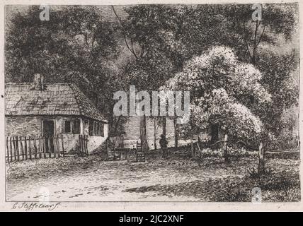 Sur la gauche une maison avec une clôture. A côté de la maison deux chaises à une table et un homme., Maison parmi les arbres Cinquième suite (titre de la série), imprimeur: Cornelis Steffelaar, (mentionné sur l'objet), Amsterdam, 1807 - 1861, papier, gravure, h 91 mm × l 128 mm Banque D'Images