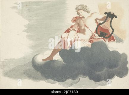 Le soleil dieu Apollon est assis sur les nuages avec sa lyre à la main., Apollon sur les nuages, imprimeur: Anonyme, Johan Teyler, pays-Bas, 1688 - 1698, papier, gravure, h 203 mm × l 262 mm Banque D'Images