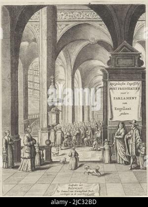 Un groupe d'hommes et de femmes écoutent un prédicateur à l'intérieur d'une église. Au premier plan sont plusieurs figures, y compris à gauche une femme avec un objet rond sur sa tête et à droite un homme et une femme avec deux enfants., le groupe écoute à prêcher dans l'église Uytgelesen Engelsche boet predikatien voor 't parlament van Engelant gedaen (titre sur objet) Page de titre de: S.N., Uytgelesene Engelsche boet-predikatien, 1661, imprimerie: Anonyme, éditeur: Samuel van Haringhouk, (mentionné sur l'objet), Bolsward, 1661, papier, gravure, gravure, h 190 mm, l 143 mm Banque D'Images