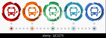 Ecologie, jeu d'icônes vectorielles de concept de bus électrique, pointeurs de conception plats, modèle d'infographie Illustration de Vecteur