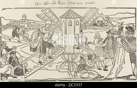 Au centre d'un moulin à meuler dans lequel les vieilles femmes sont transportées à gauche. Sur la droite, ils sortent rajeunis. Au premier plan, trois vieilles femmes sont assises sur le sol. Un homme porte une vieille femme sur son dos en haut des escaliers. En arrière-plan, une vieille femme dans une brouette est frappée. Sur la droite, les jeunes femmes élégamment vêtues tombent du moulin avec à côté d'eux deux hommes discutant. Au premier plan un couple élégamment habillé. En arrière-plan sur la droite une compagnie dans un bateau., Oudewijvenmolen (usine de rajeunissement), imprimeur: Anonyme, pays-Bas, c. 1580 - c. 1600 Banque D'Images