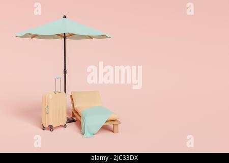 3D le rendu de la valise du côté dur placé près d'un lit de soleil en bois avec matelas doux et parapluie sur fond rose Banque D'Images