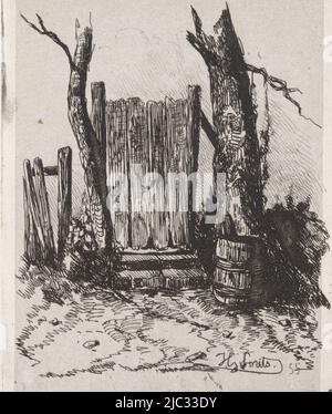 Portail en bois avec canon de pluie, imprimerie: Jan Gerard Smits, (mentionné sur l'objet), la Haye, 1855, papier, gravure, h 111 mm × l 76 mm Banque D'Images