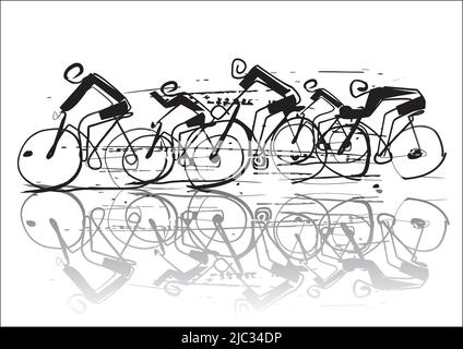 Course cycliste sous la pluie, dessin animé stylisé. Dessin stylisé simple de groupe de cyclistes sur route. Vecteur disponible. Illustration de Vecteur