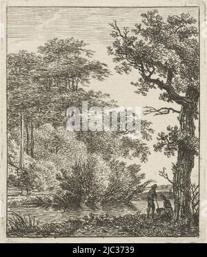 Paysage avec de grands arbres et sur la rive du ruisseau, sous l'arbre au premier plan, une figure debout et assise., deux personnes par un ruisseau, imprimeur: Hermanus Fock, Amsterdam, 1781 - 1822, papier, gravure, h 80 mm × l 67 mm Banque D'Images