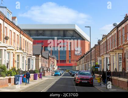 Vue sur le stand principal, Anfield Stadium, Liverpool FC depuis Rockfield Road, Liverpool, Angleterre, Royaume-Uni Banque D'Images