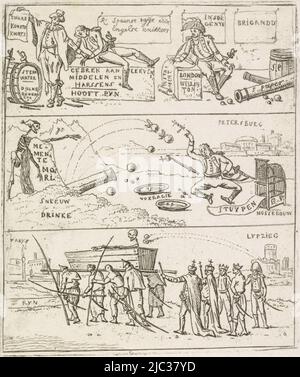 Trois représentations des défaites françaises en 1812-1813. Ci-dessus, un soldat français assis à côté d'une pierre marqua Wellington faisant sa volonté après la défaite des Français en Espagne. Au centre, un soldat français est abattu par la mort près de la ville de Saint-Pétersbourg. Ci-dessous, un cercueil portant la mort est reporté à Paris; de la ville de Leipzig, la procession funéraire est déclenchée., trois défaites françaises six maquettes du vol de Napoléon depuis Moscou et la bataille de Leipzig, 1812-1813 (titre de la série), imprimeur: Hermanus Fock, pays-Bas, 1812 - 1813, papier, gravure, gravure h 105 mm × l 90 mm Banque D'Images